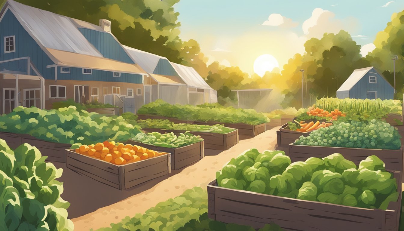 A lush garden filled with ripe vegetables being harvested and stored in baskets and crates. The sun is shining, and the plants are thriving in the fertile Virginia soil