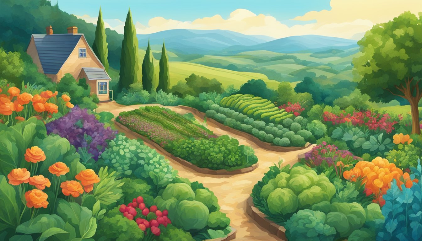 Lush garden filled with thriving vegetables, surrounded by rolling hills and vibrant foliage, under a clear blue sky