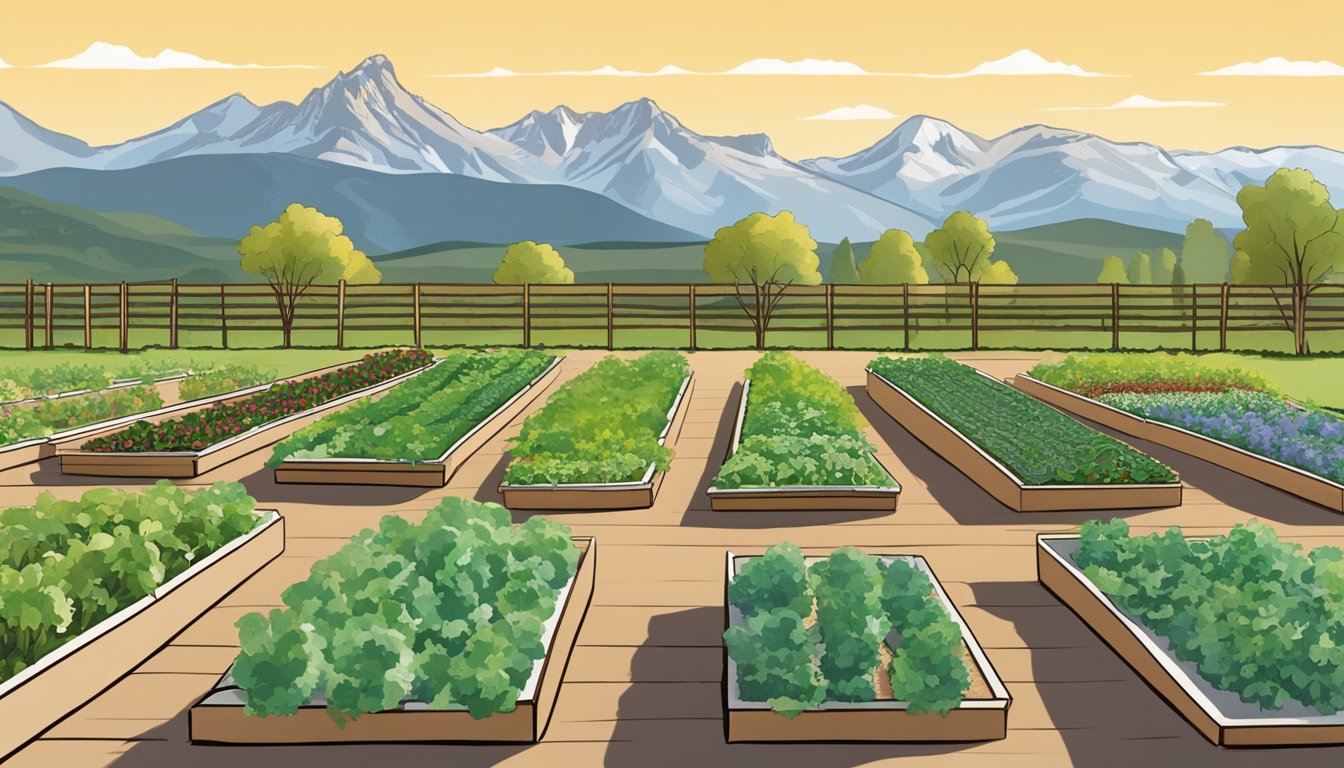 A sprawling vegetable garden in Wyoming, with raised beds, trellises, and drip irrigation system, surrounded by a picturesque mountain backdrop