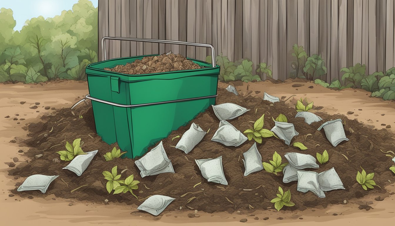 A pile of compostable tea bags surrounded by decomposing organic matter in a backyard compost bin