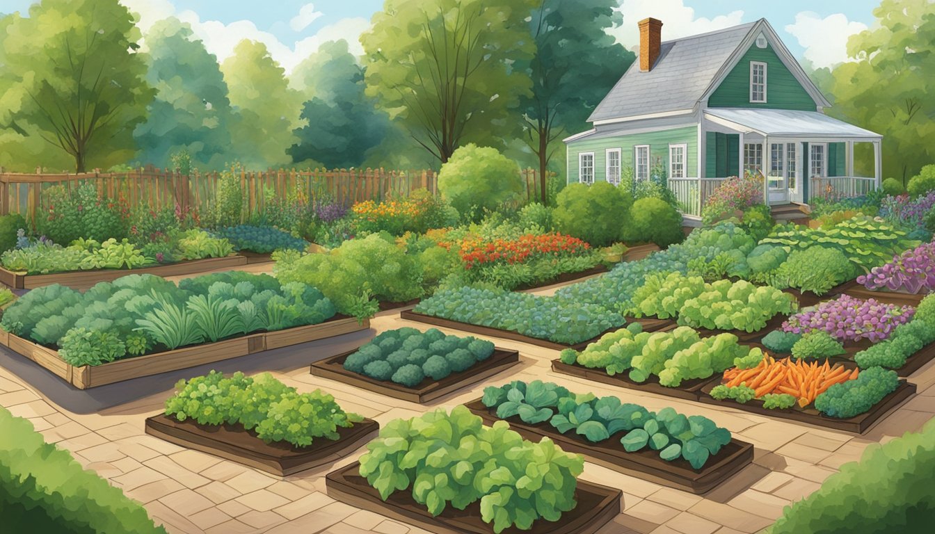 A lush garden in Virginia showcases advanced techniques and specialized crops, with raised beds, trellises, and a variety of vegetables thriving in the fertile soil