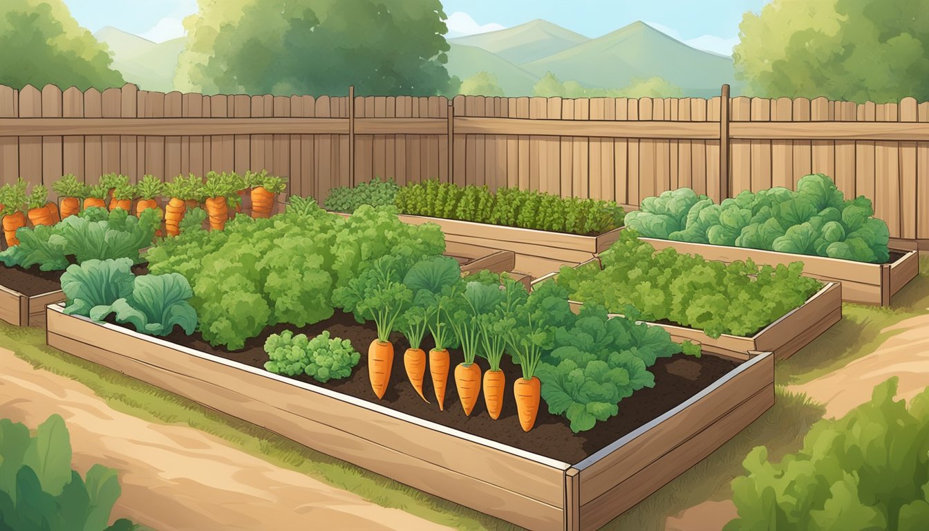 A raised garden bed in a backyard, surrounded by a fence to protect from wildlife. Rows of carrots, tomatoes, and lettuce thrive in the dry Wyoming climate