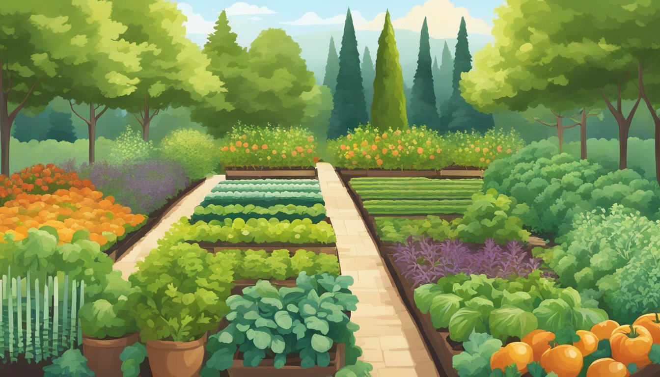 A sunny Wisconsin garden with rows of thriving vegetable plants, surrounded by a mix of deciduous and coniferous trees