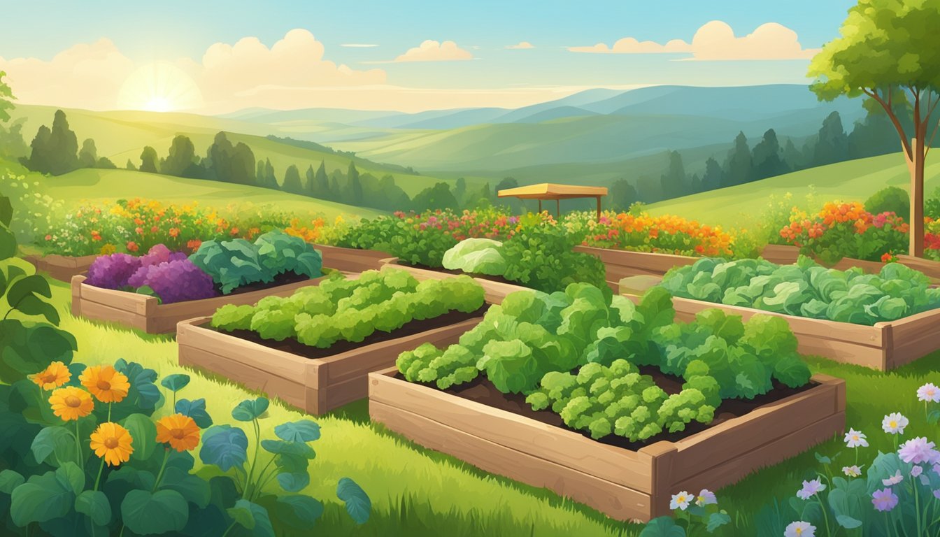 A sunny, hilly landscape with a variety of vegetables growing in raised beds, surrounded by lush greenery and wildflowers