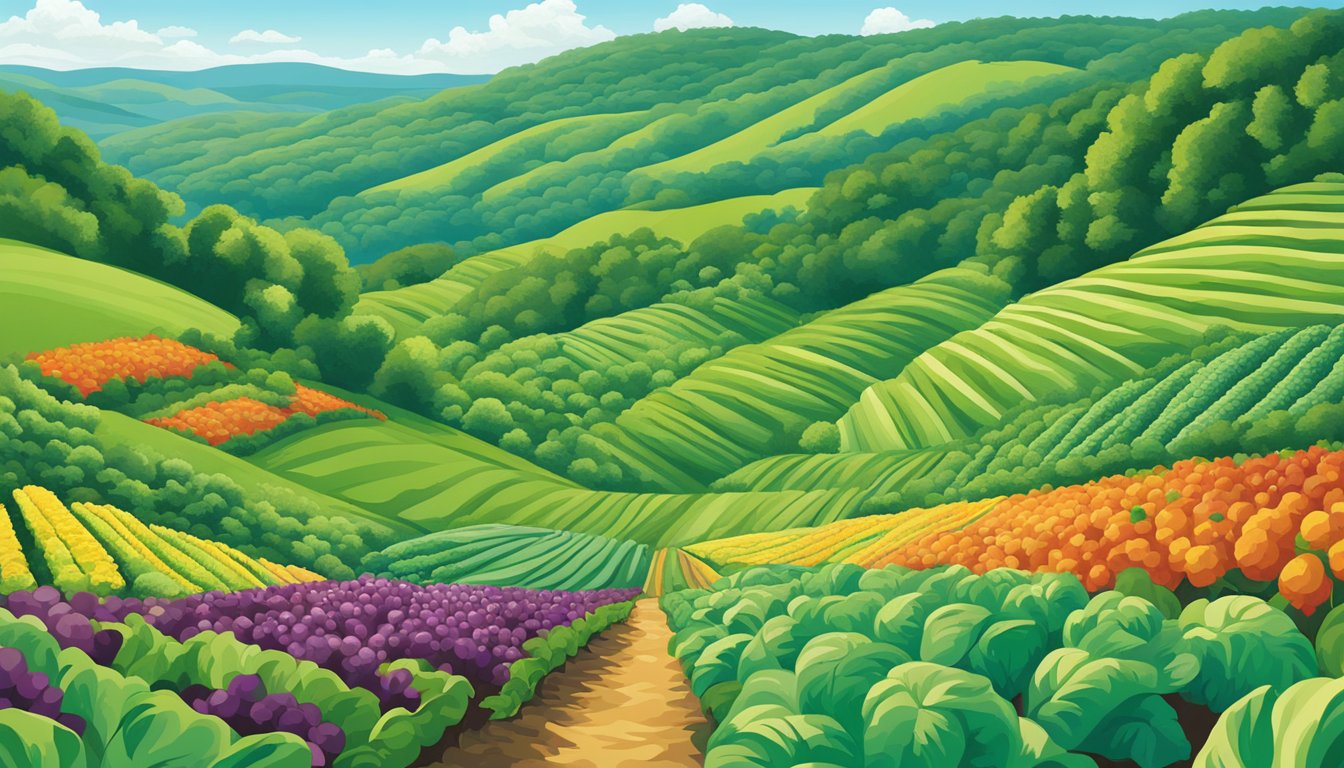 Lush, rolling hills of West Virginia with rows of vibrant, thriving vegetable plants under a clear blue sky