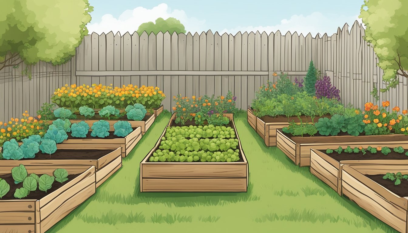 A small Wisconsin garden with raised beds, neatly arranged rows of vegetables, a trellis for climbing plants, and a rustic watering can