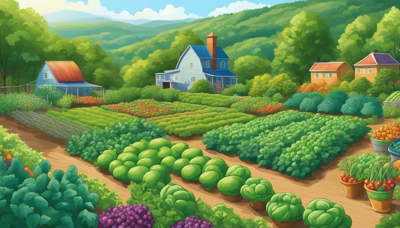 A lush, sprawling vegetable garden in the hills of West Virginia, with neat rows of vibrant green plants and colorful fruits and vegetables ready for harvest