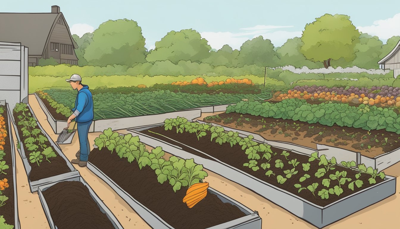 A person tending to rows of vegetables in a Wisconsin garden, using mulch and compost for maintenance