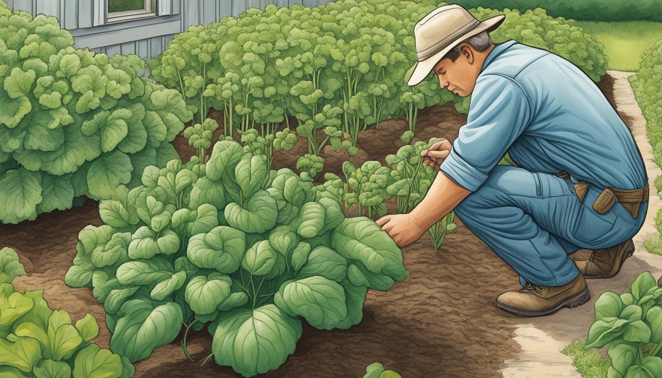 A gardener inspecting vegetable plants for signs of pests and disease in a Wisconsin garden