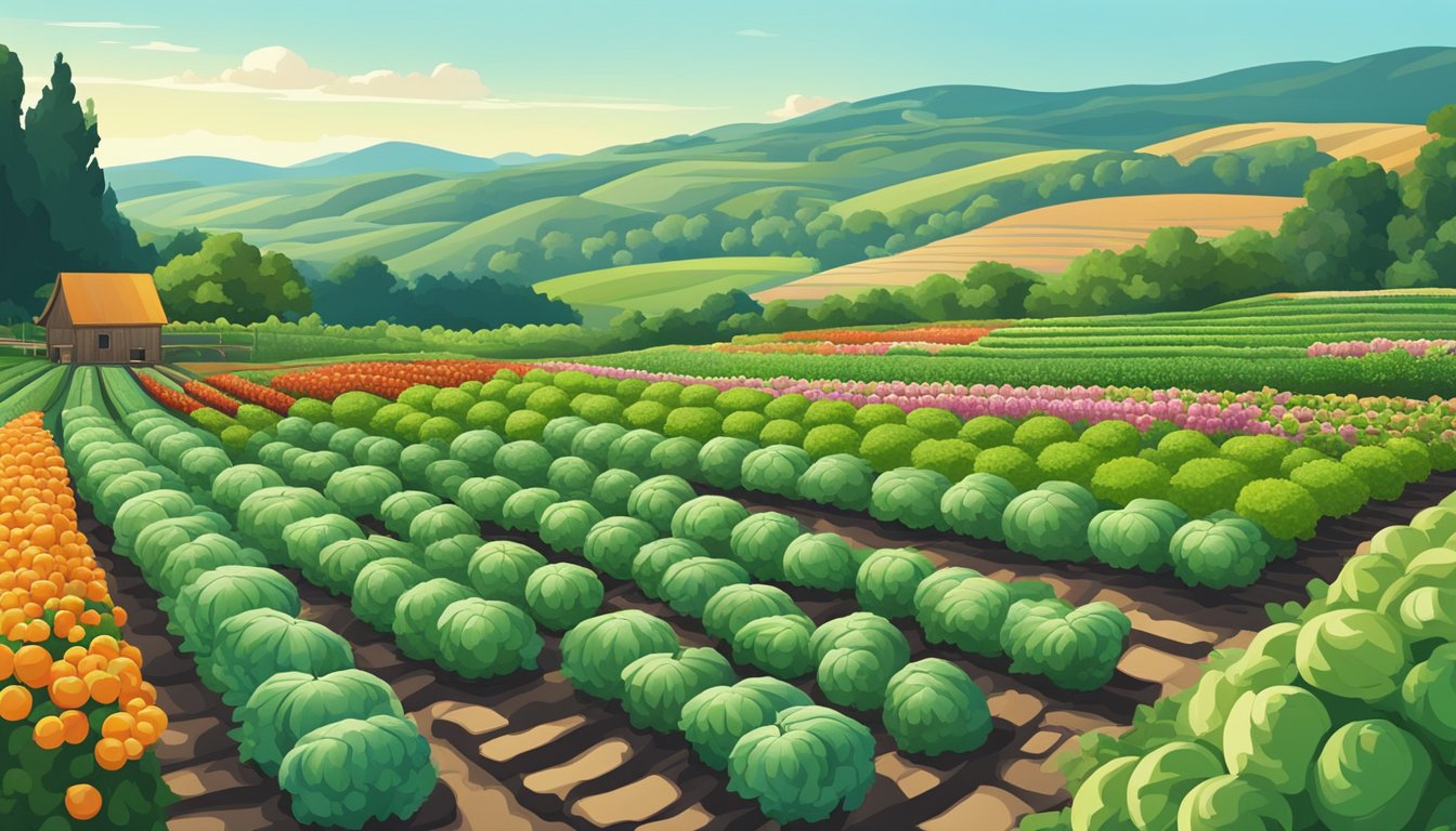 Lush garden with rows of various vegetables, surrounded by rolling hills and a clear blue sky