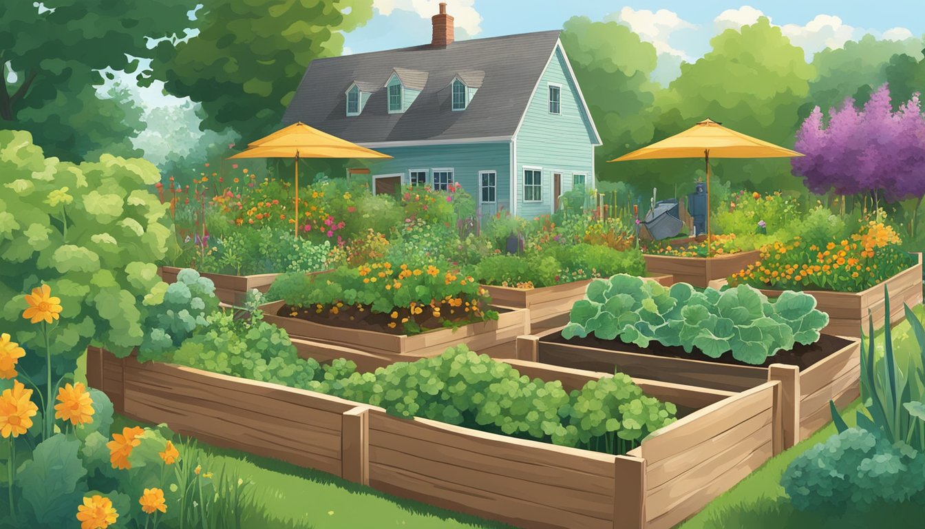 A lush Wisconsin garden with raised beds, compost bins, and rain barrels. Bees and butterflies flit among the thriving vegetables