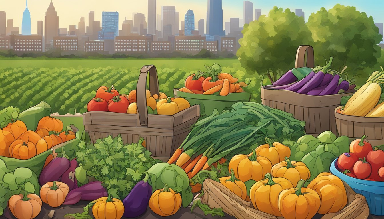 A bountiful garden filled with ripe vegetables, surrounded by tools and baskets for post-harvest care. The New York skyline looms in the background