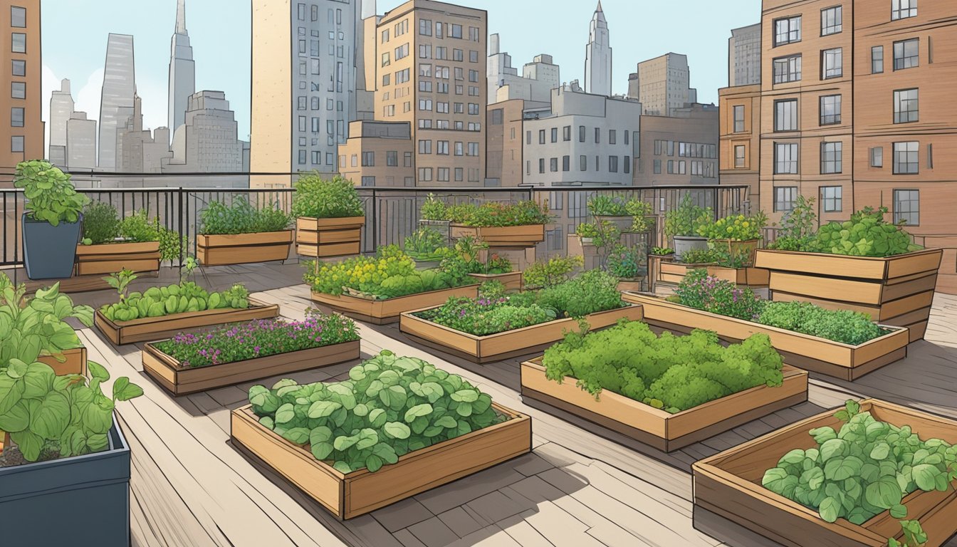 A rooftop garden in New York City, filled with raised beds, vertical planters, and hanging containers, showcasing alternative gardening methods for growing vegetables