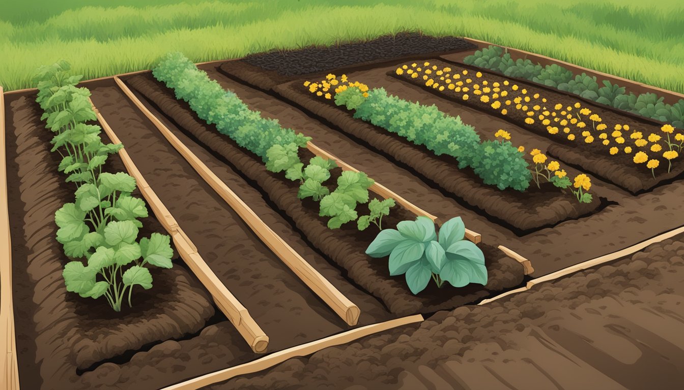 A garden bed being tilled and prepared, with rows of various vegetable seeds being planted in the freshly turned soil