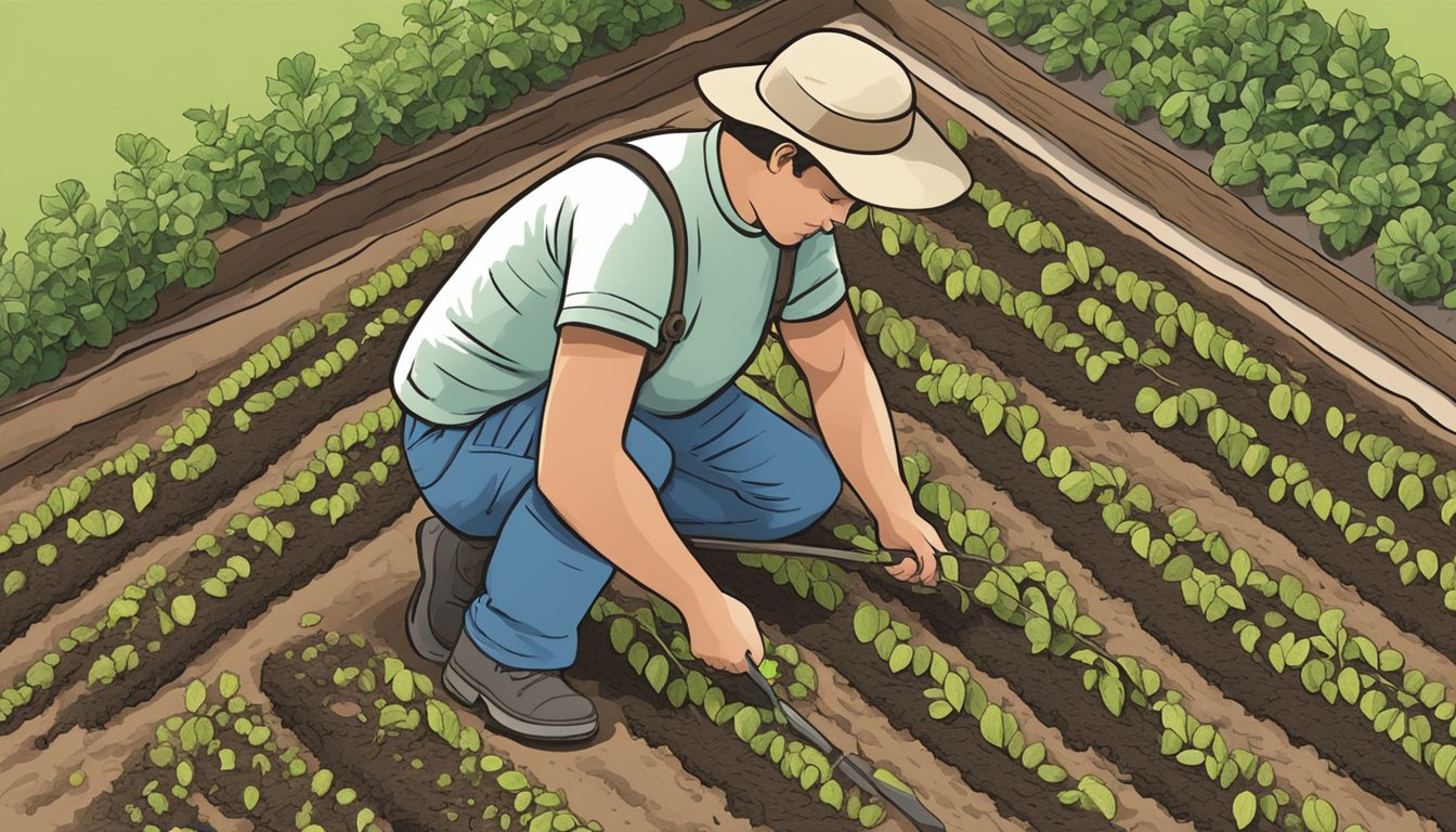 A person planting seeds in neat rows in a vegetable garden in Rhode Island