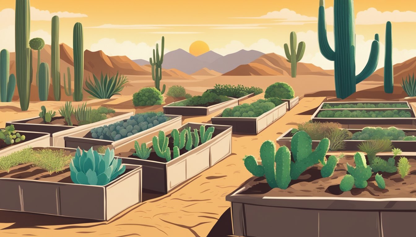 A desert landscape with rows of raised garden beds filled with various vegetables, surrounded by adobe walls and cacti. The sun beats down on the dry soil