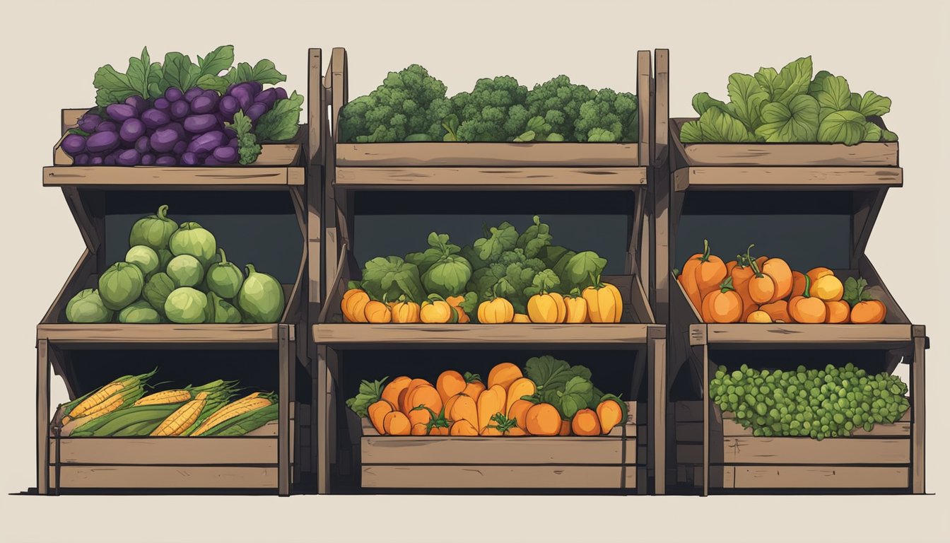 Ripe vegetables being picked and placed into baskets, then stored in a cool, dark cellar for the winter