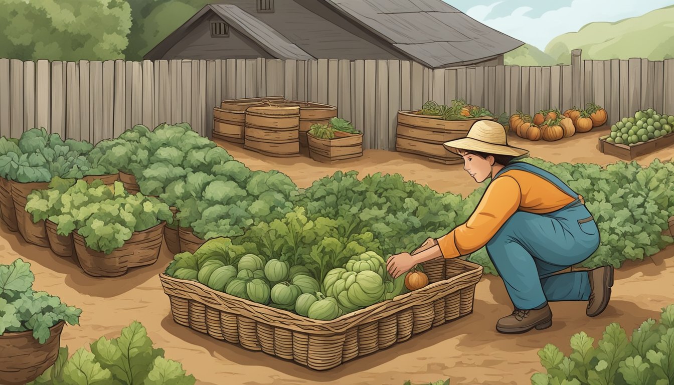 A person gathering ripe vegetables from a garden, placing them in a basket, and storing them in a root cellar for winter