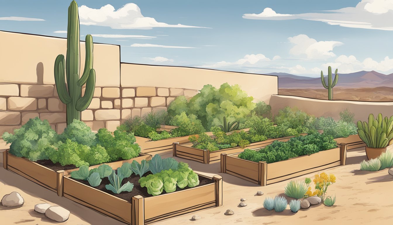 A sunny backyard with raised garden beds filled with various vegetables, surrounded by adobe walls and desert landscape in New Mexico