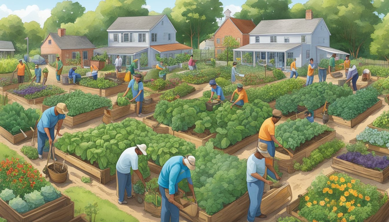 A diverse community of gardeners tending to vibrant vegetable plots in a Rhode Island landscape, surrounded by tools and resources