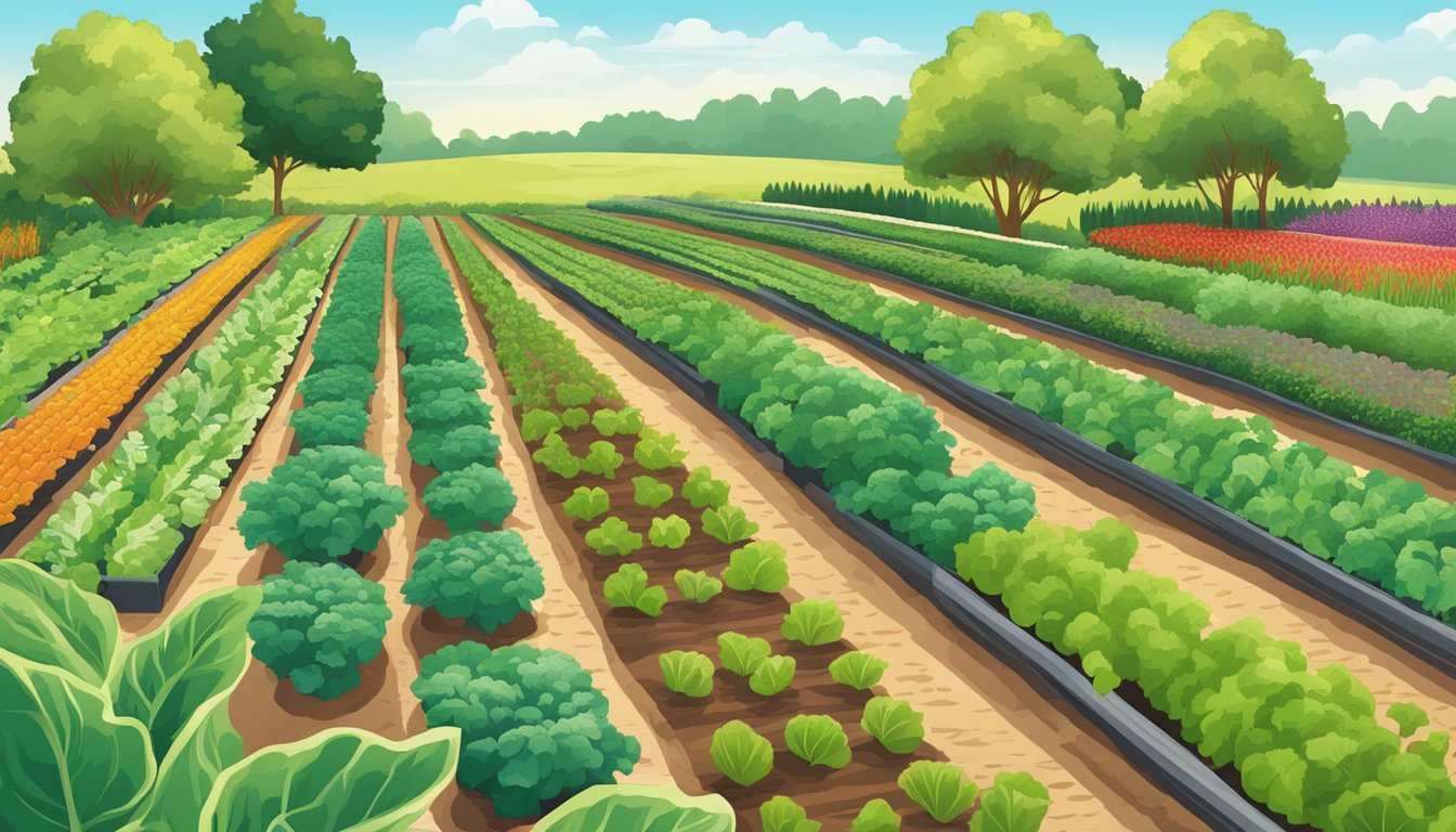 A lush Ohio vegetable garden with rows of vibrant, leafy greens and colorful crops growing under the warm summer sun