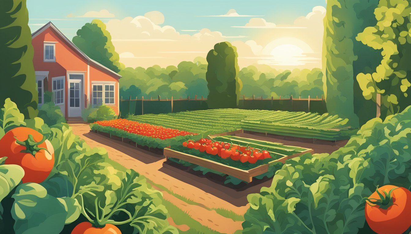 A lush garden in Ohio, filled with rows of vibrant vegetables like tomatoes, peppers, and cucumbers. The sun shines down, casting long shadows on the fertile soil