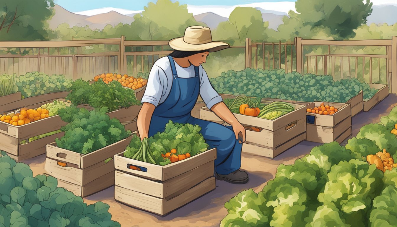 A person harvesting vegetables in a New Mexico garden, with baskets and crates for storage nearby