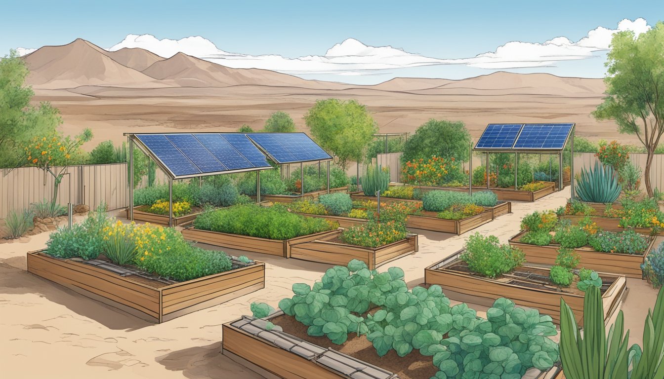 Lush garden in New Mexico desert, with raised beds, drip irrigation, and solar panels