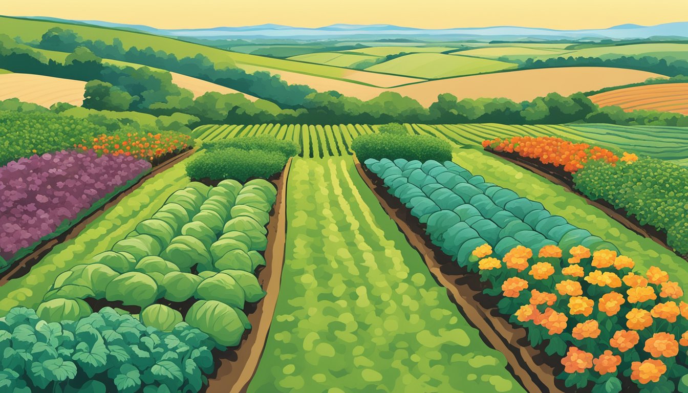 A garden in North Dakota with rows of thriving vegetable plants, surrounded by a backdrop of rolling hills and a clear blue sky