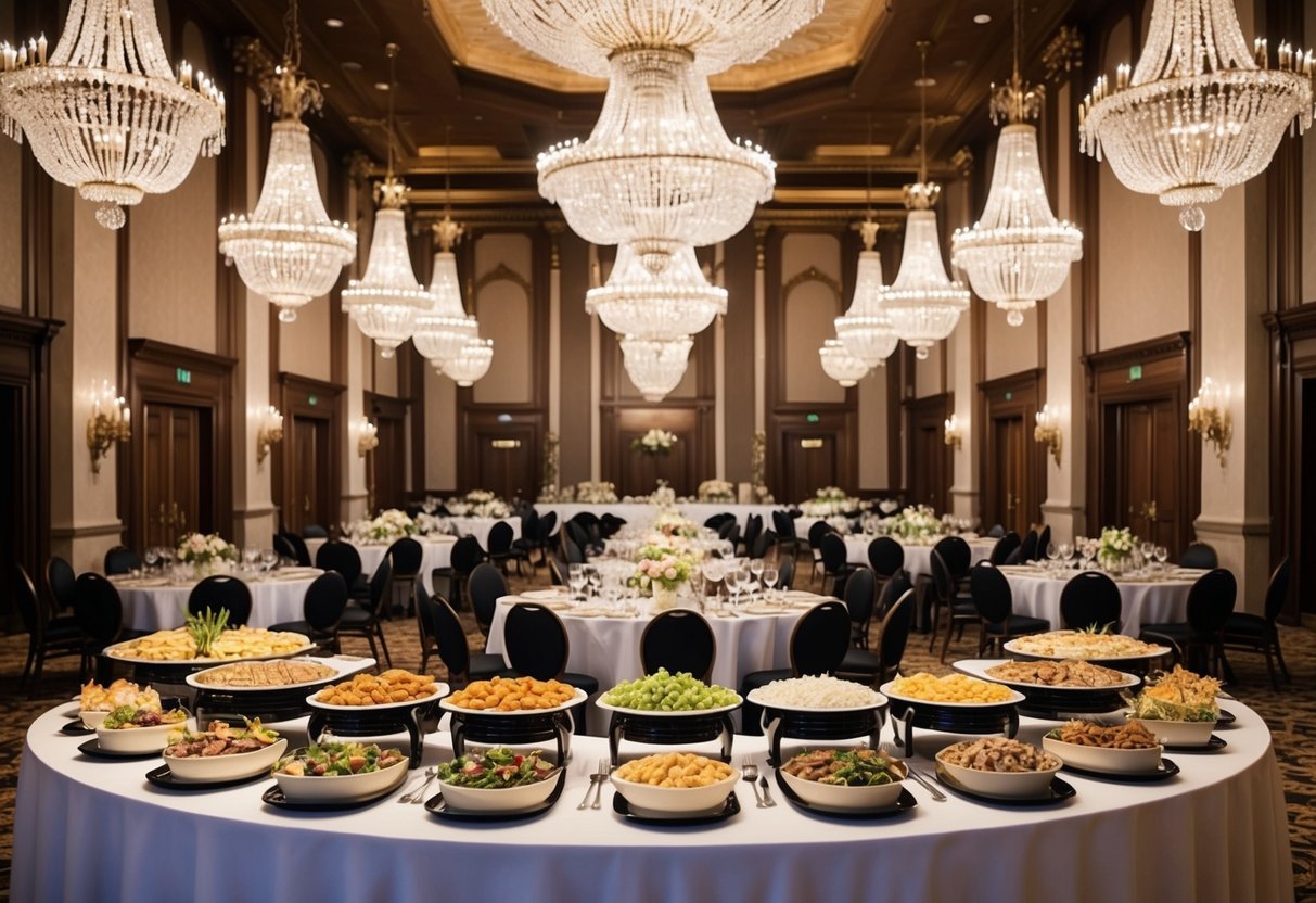 A grand banquet hall with elegant decor and a lavish buffet spread, surrounded by opulent chandeliers and ornate furnishings