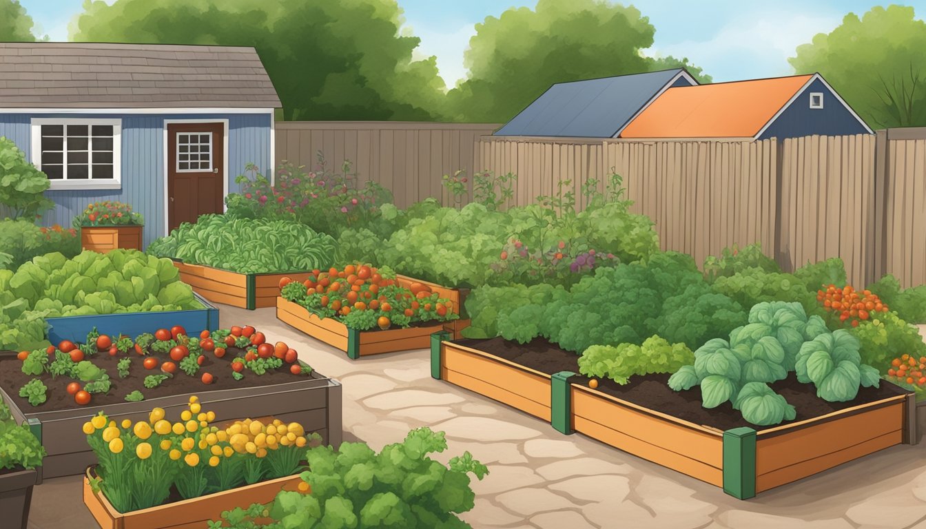 A backyard garden in Minnesota, with raised beds filled with a variety of vegetables such as tomatoes, peppers, lettuce, and carrots. A small shed in the background holds gardening tools and supplies