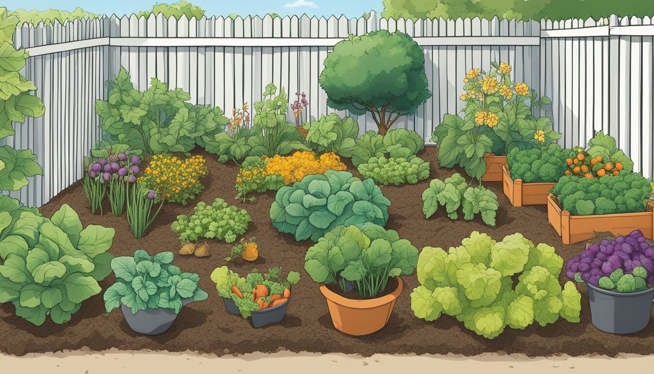 A garden bed filled with various vegetables, surrounded by mulch and protected by a small fence. The plants are thriving in the Minnesota sunshine, with a watering can nearby