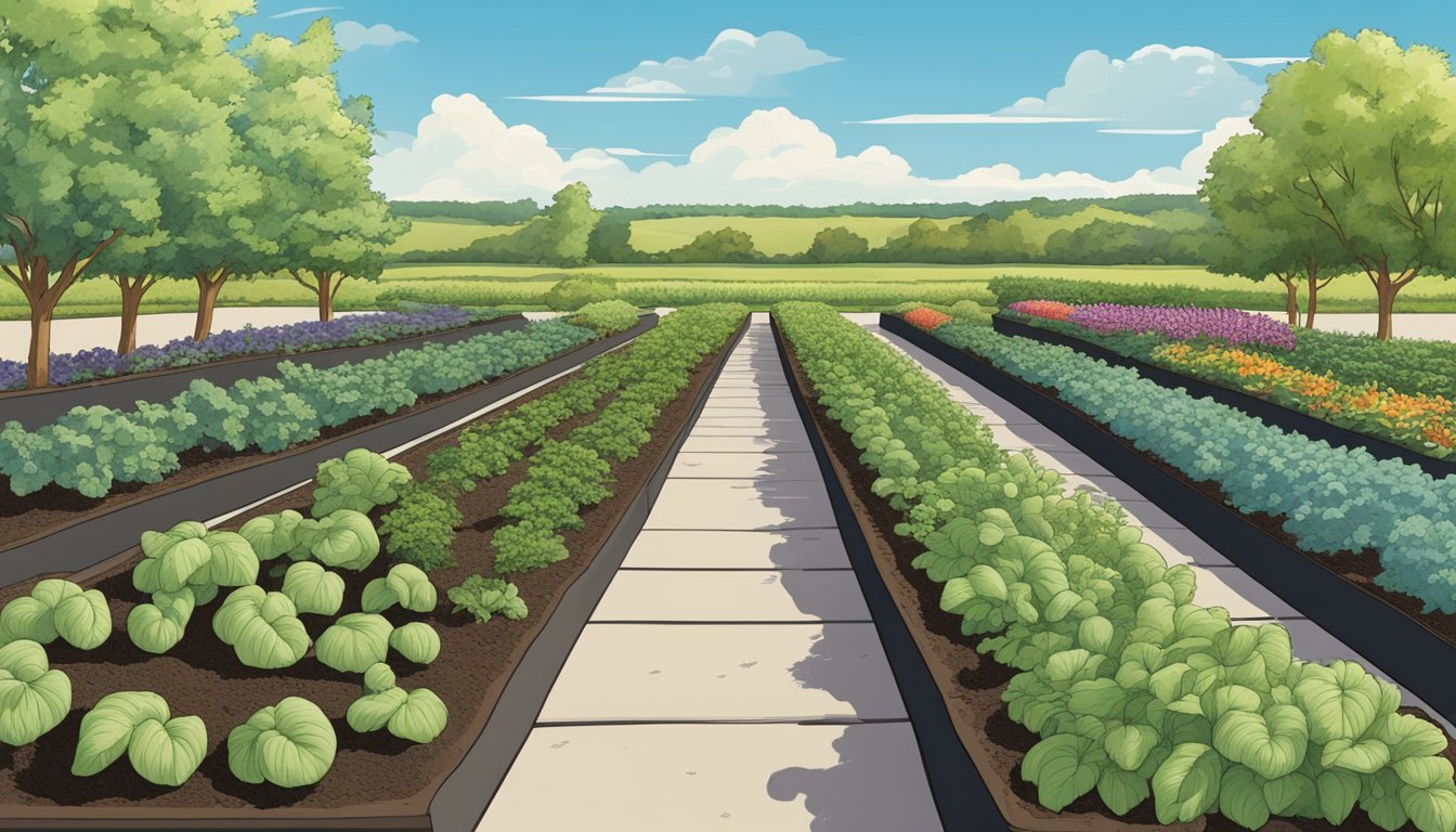 Lush vegetable garden in North Dakota, with rows of thriving plants, surrounded by rich, dark soil and clear blue skies above