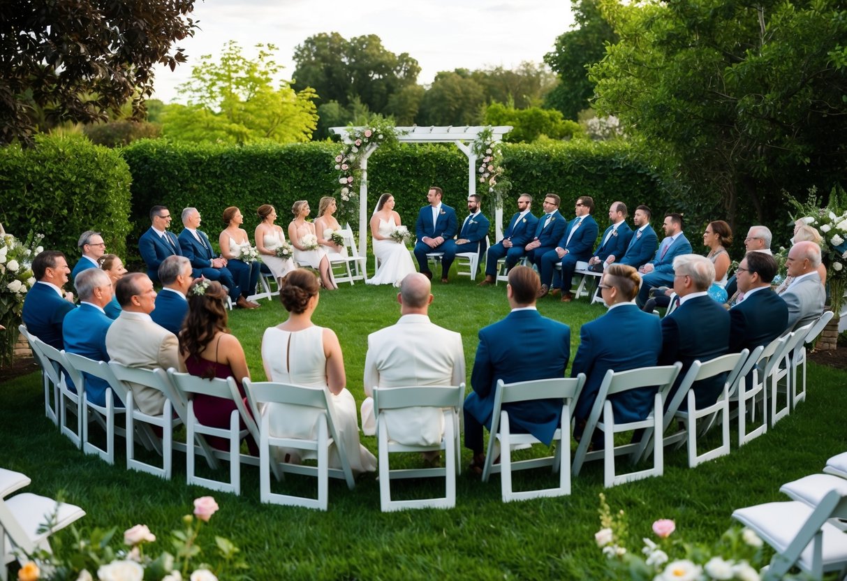 A cozy outdoor ceremony with 45 guests seated in a circle of white chairs, surrounded by lush greenery and blooming flowers