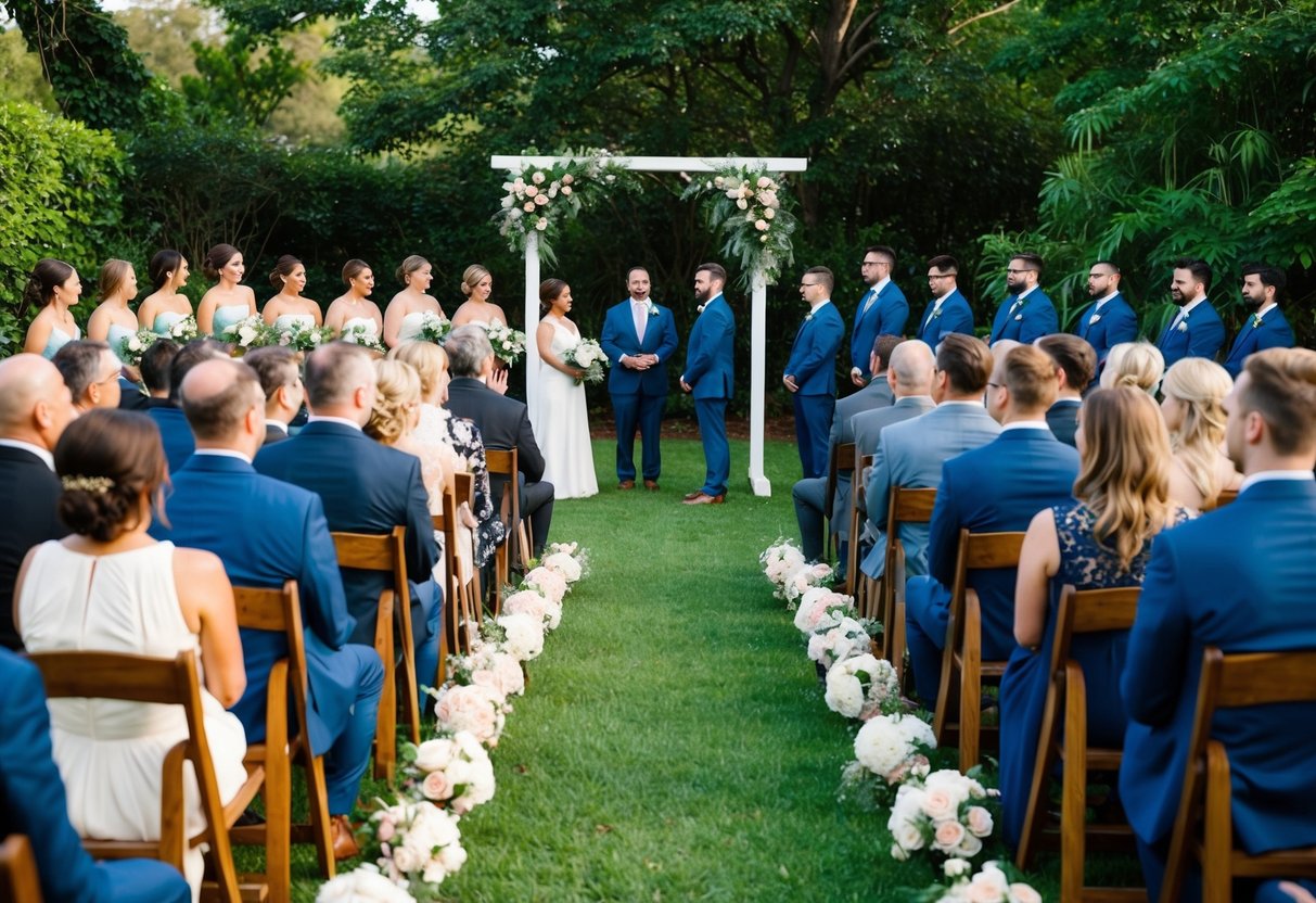 A cozy outdoor wedding ceremony with 45 guests seated on wooden chairs facing a simple arch adorned with flowers, surrounded by lush greenery