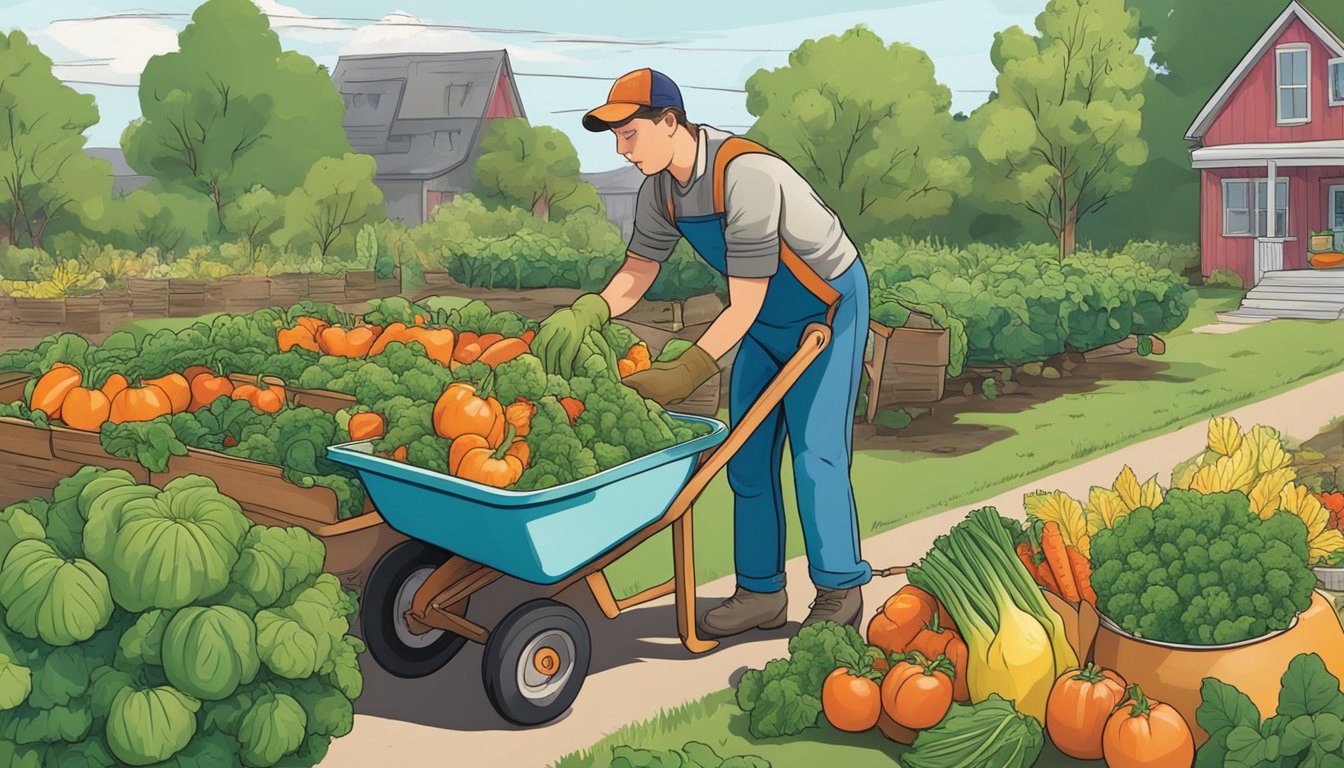 A person wearing gloves harvests ripe vegetables in a Minnesota garden. Nearby, a wheelbarrow is filled with freshly picked produce