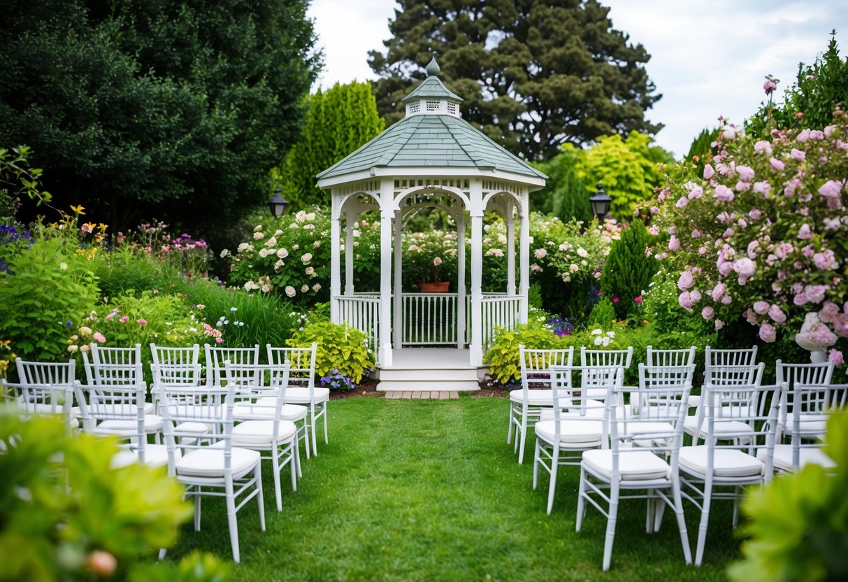A cozy outdoor garden with a small, elegant gazebo surrounded by blooming flowers and lush greenery. A few rows of chairs are set up for the intimate wedding ceremony
