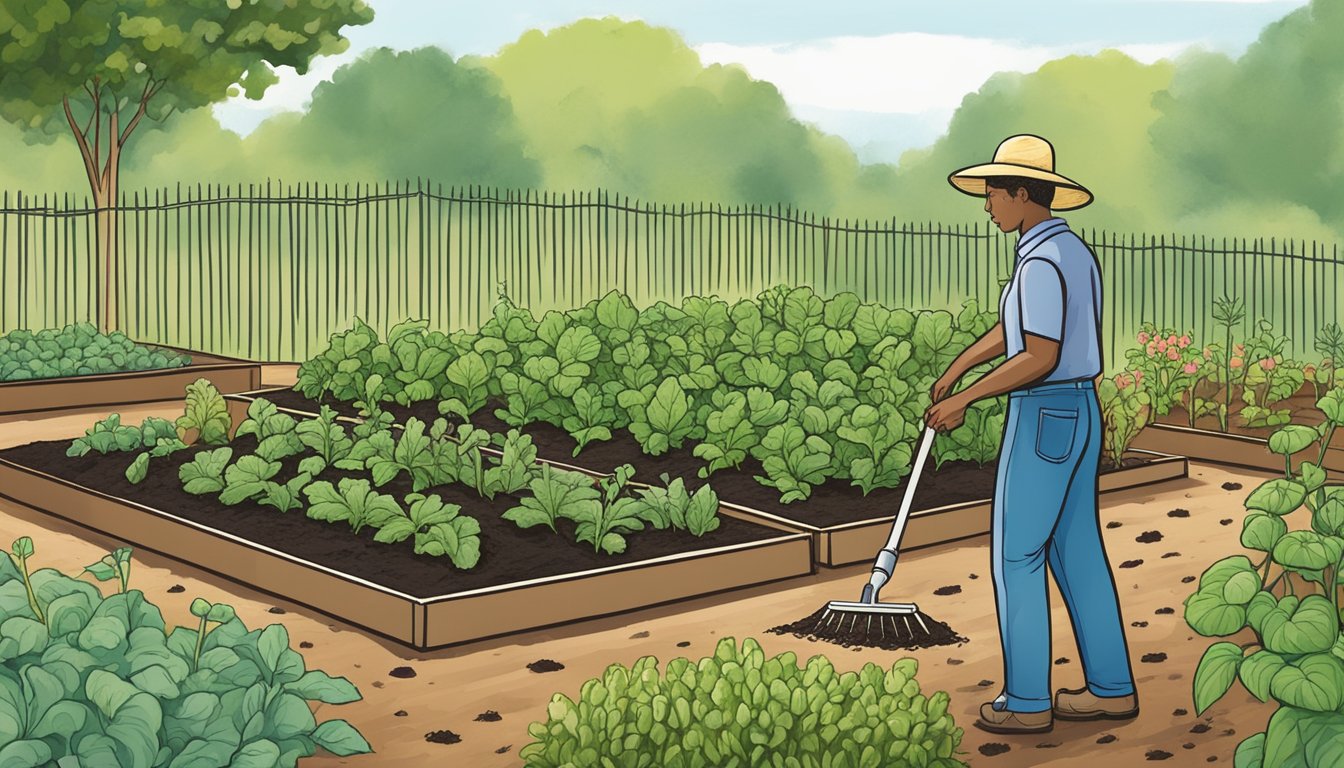 A person tending to a thriving vegetable garden in Tennessee, using mulch, drip irrigation, and companion planting for optimal growth and maintenance