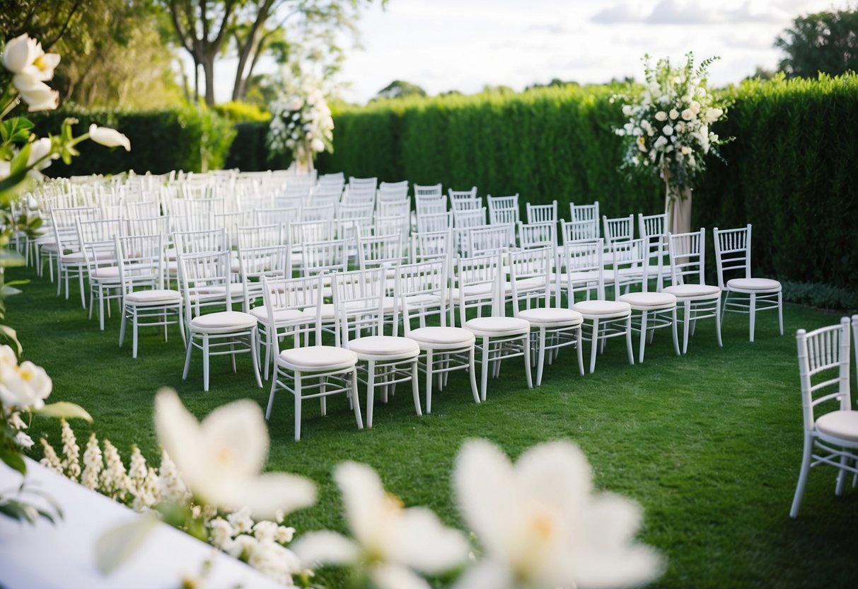A beautiful outdoor wedding venue with rows of chairs set up for 45 guests, surrounded by lush greenery and blooming flowers