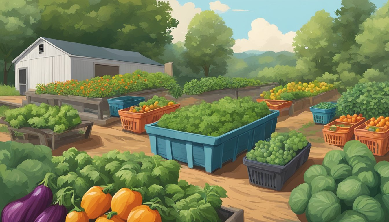 A lush Tennessee garden with ripe vegetables being harvested and stored in baskets and bins