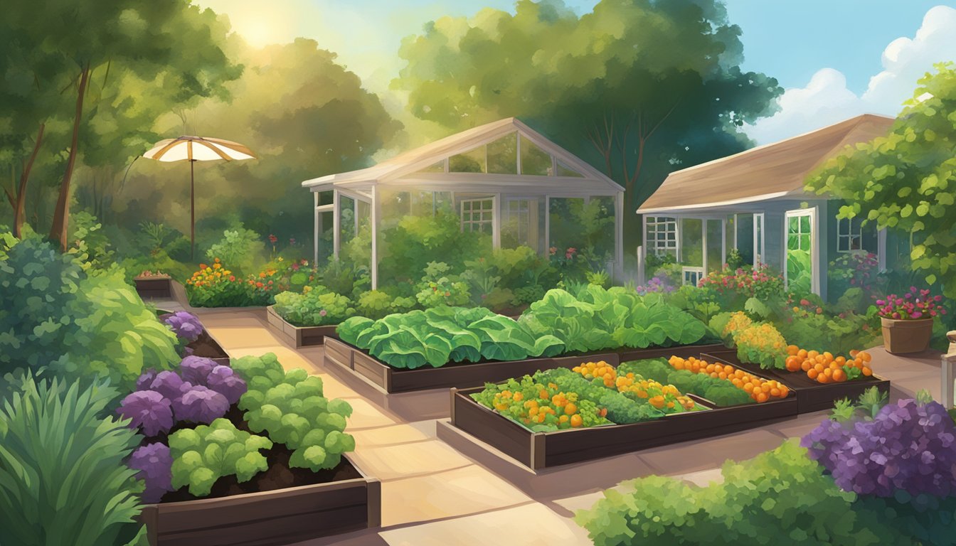 A sunlit garden in Louisiana with rich, dark soil, lush green plants, and a variety of vegetables growing in the warm, humid climate