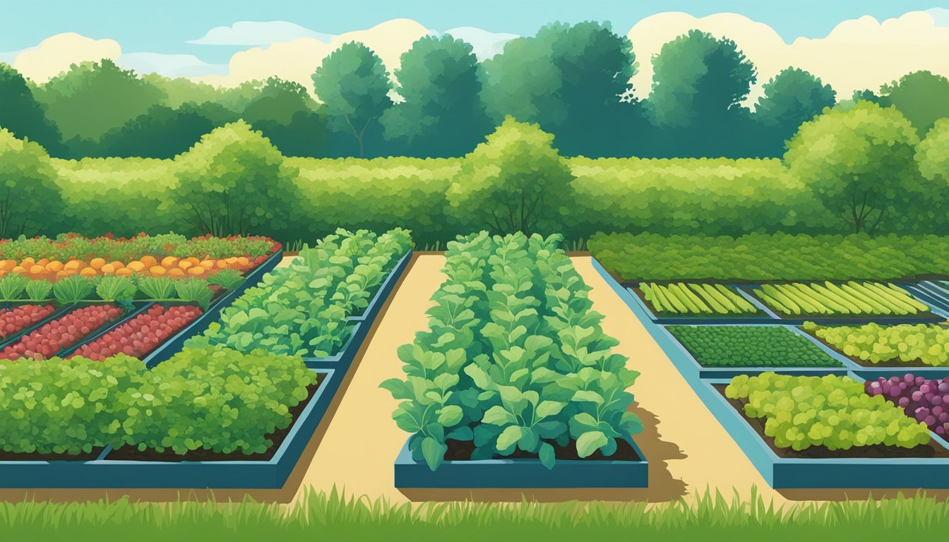 A sunny garden in Delaware with rows of thriving vegetable plants, surrounded by lush green foliage and a clear blue sky overhead