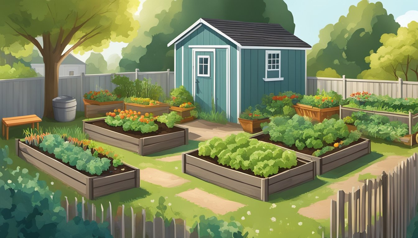 A sunny backyard with raised beds filled with a variety of vegetables, surrounded by a fence to keep out critters. A small shed in the corner holds gardening tools