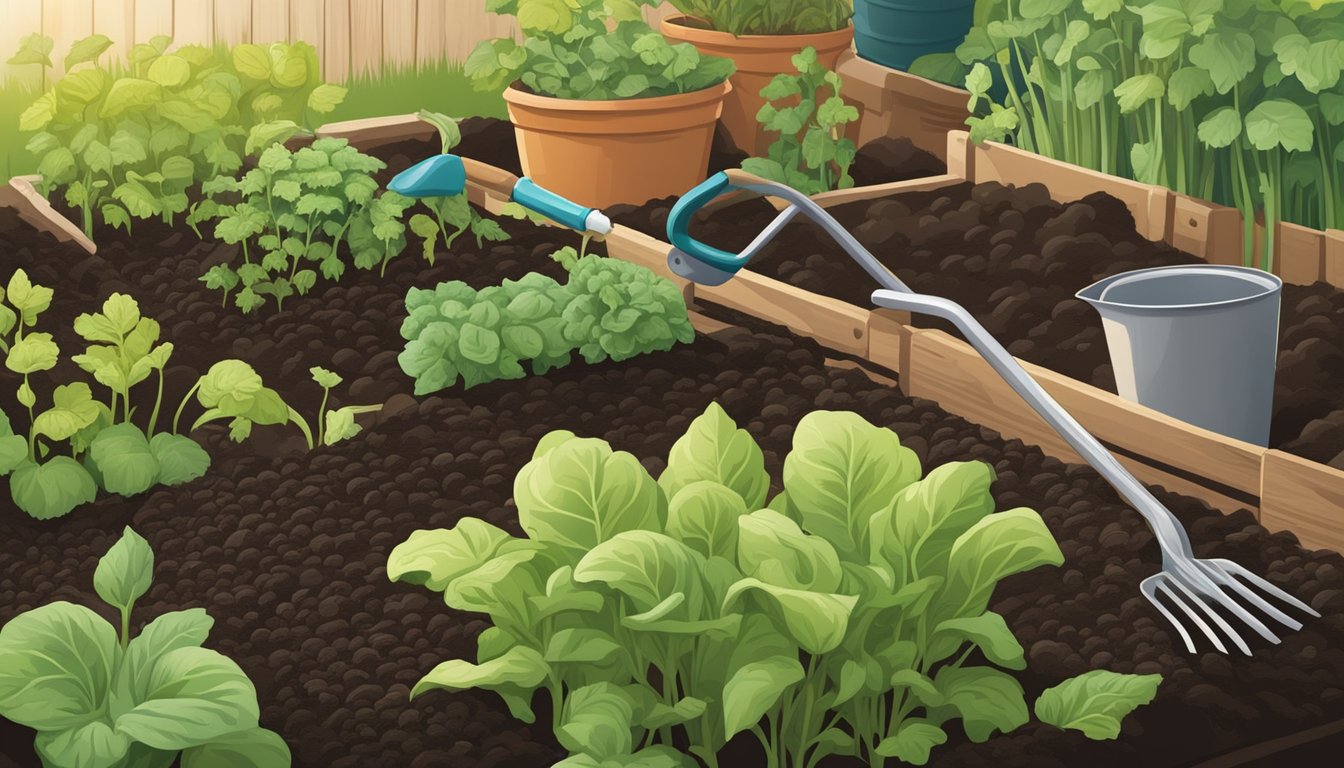 Rich, dark soil being tilled and raked in a garden bed, with neat rows of young vegetable plants sprouting up. A gardener's tools and a watering can sit nearby