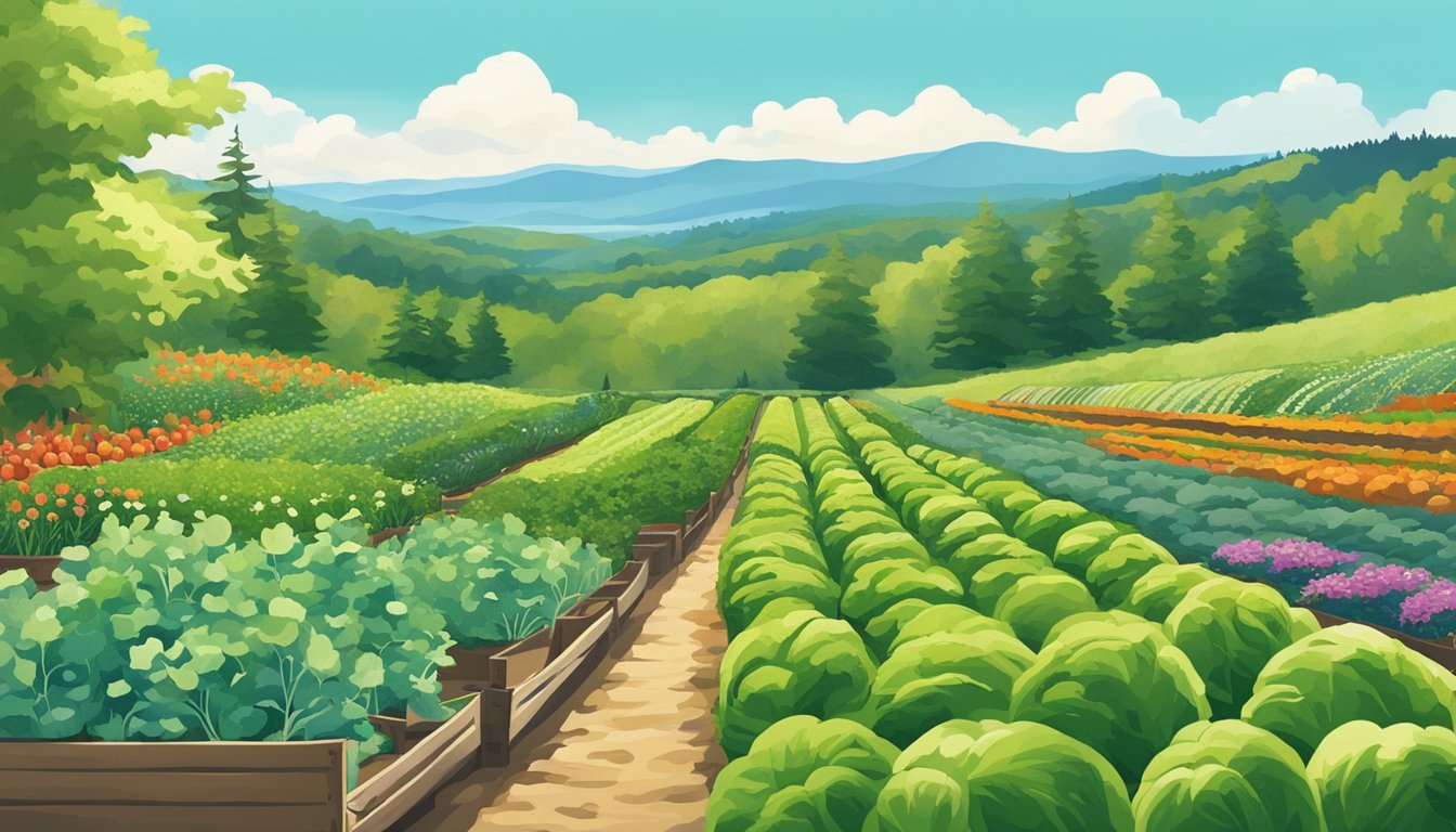 A sunny Vermont garden with rows of thriving vegetables, surrounded by lush green hills and a clear blue sky