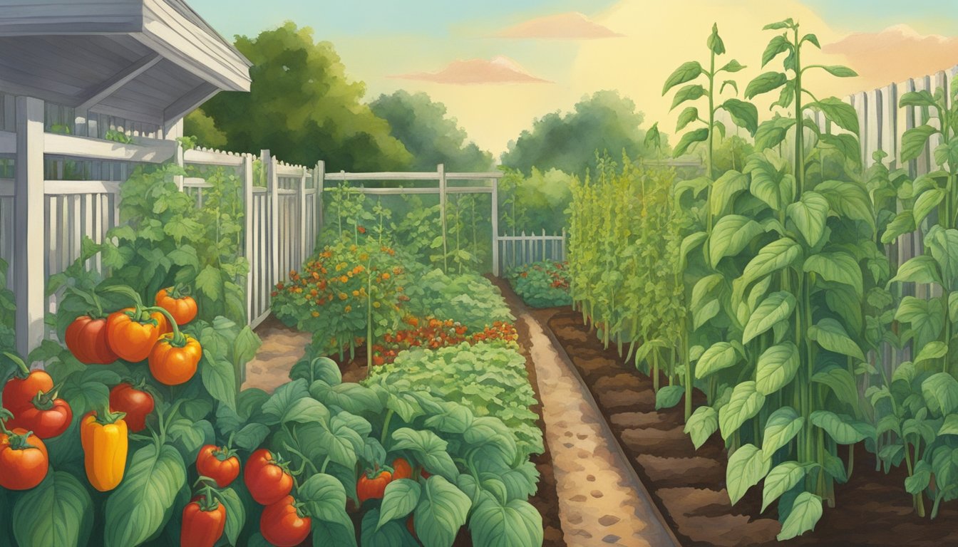 Lush garden with okra, tomatoes, and bell peppers thriving in the Louisiana sun, surrounded by fertile soil and well-maintained trellises