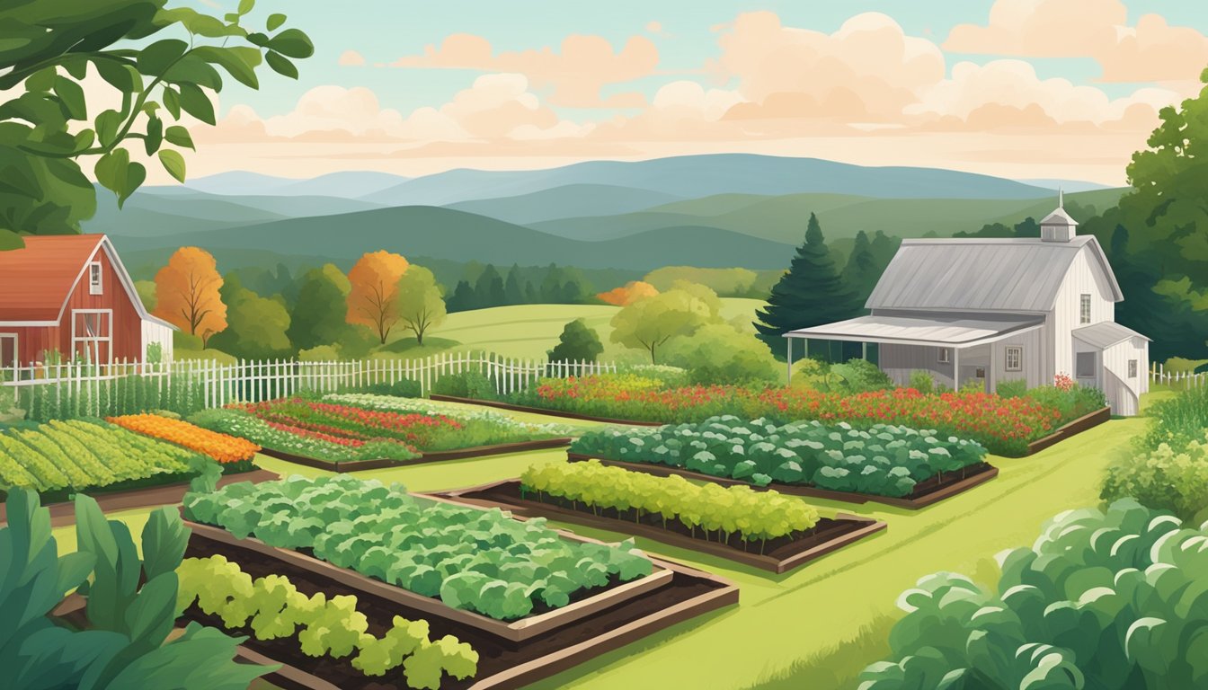 A lush Vermont vegetable garden with raised beds, a variety of crops, and a backdrop of rolling hills and a quaint farmhouse