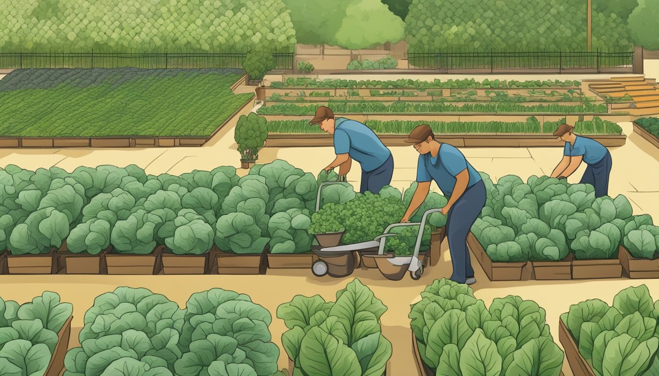 A sunny garden in Delaware, with rows of leafy green vegetables being tended to by a gardener. The plants are thriving under careful management