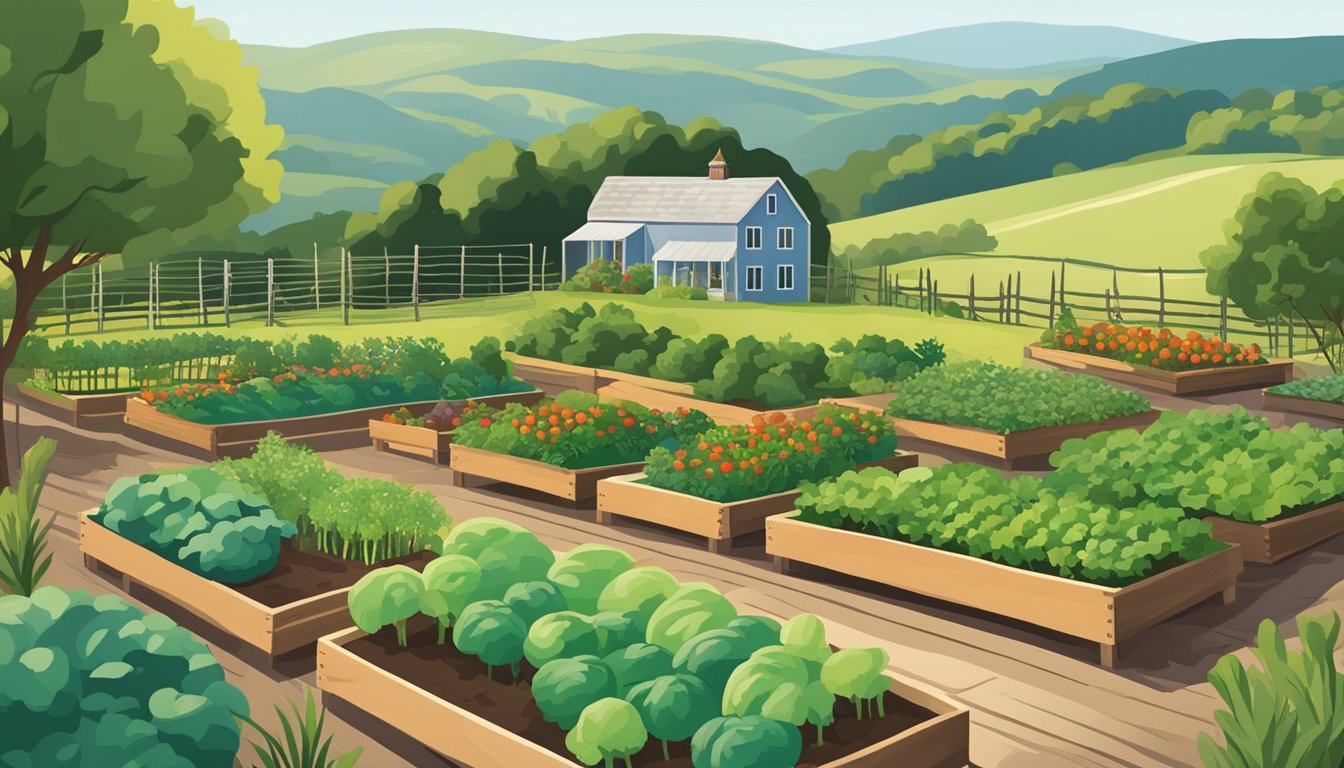 A lush Vermont garden with raised beds, trellises, and rows of various vegetables like tomatoes, lettuce, and carrots, surrounded by a backdrop of rolling hills and a rustic farmhouse