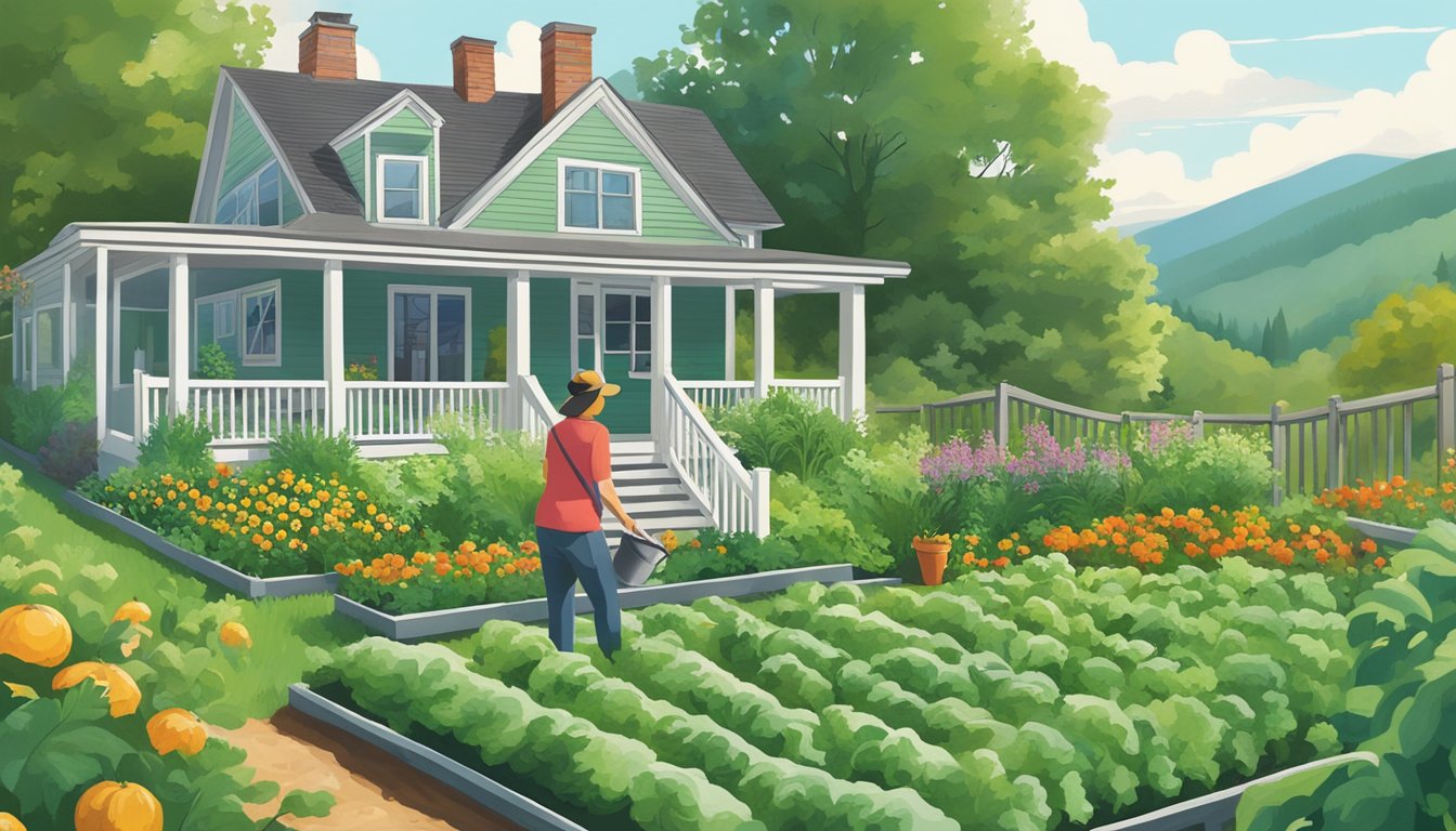 A person planting vegetables in a Vermont garden, surrounded by lush green plants and a backdrop of rolling hills